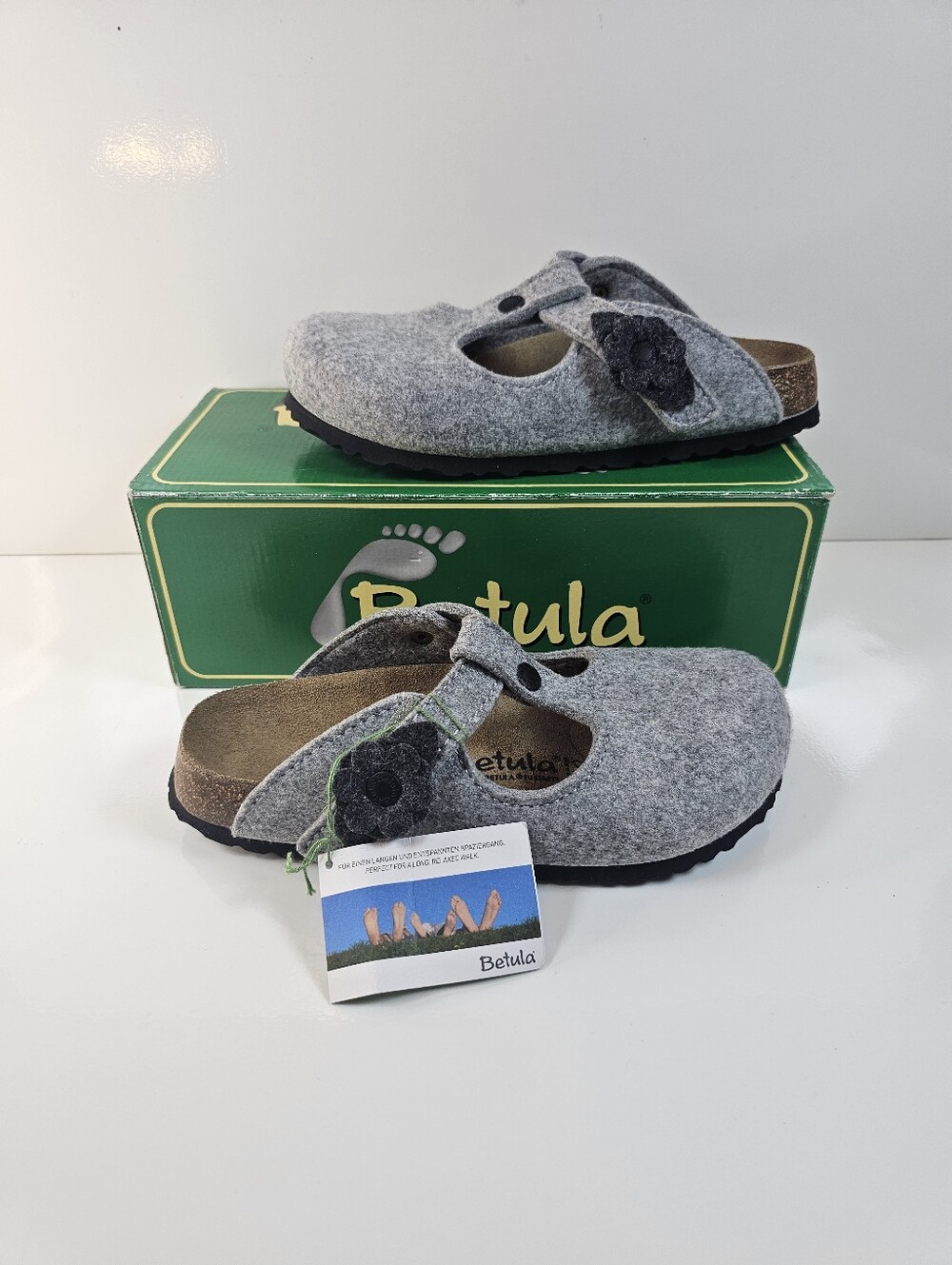 Betula by Birkenstock Coleen Gray Felt Flower Clogs EU 38 US 7 New
